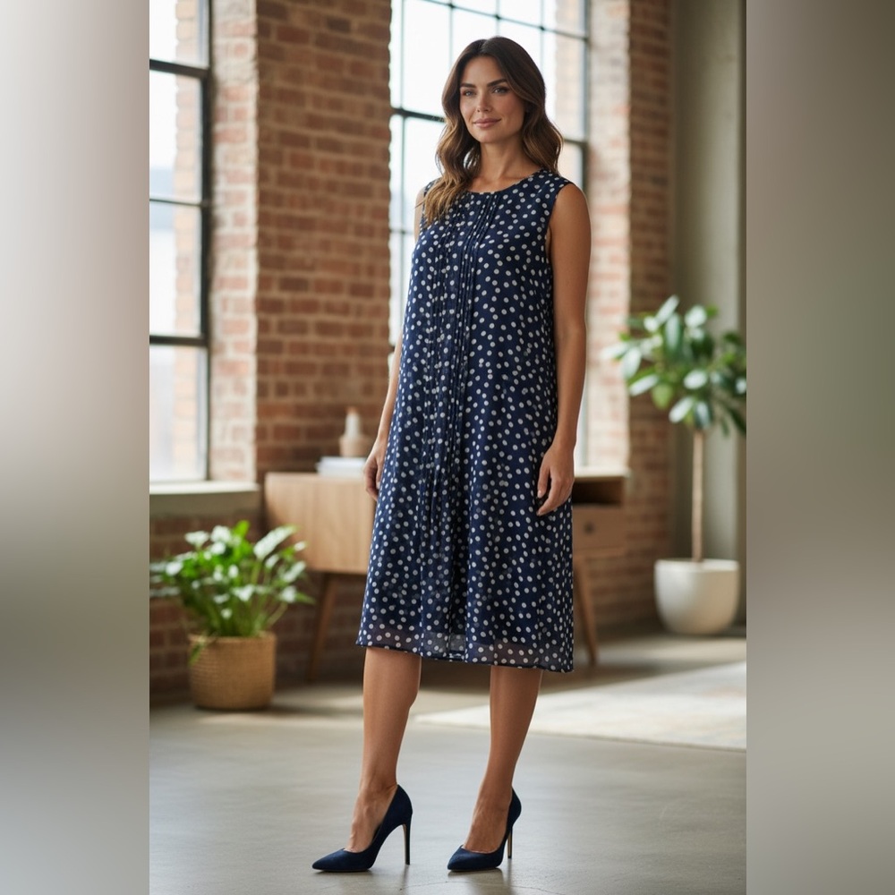 Max Studio Navy Polka Dot Midi Dress NWT Size L